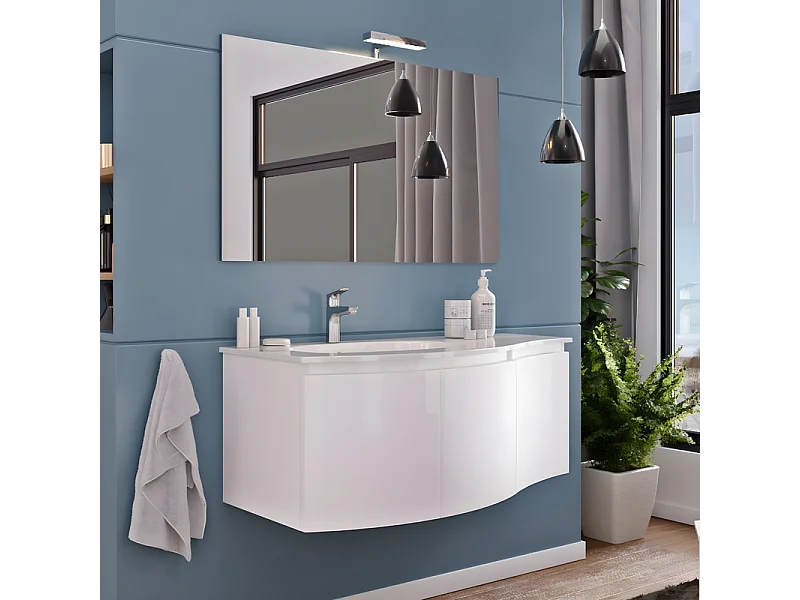 Mobile da bagno sospeso bianco lucido „Malani” 3 ante con specchio LED e lavabo integrato cm 105x50 55h