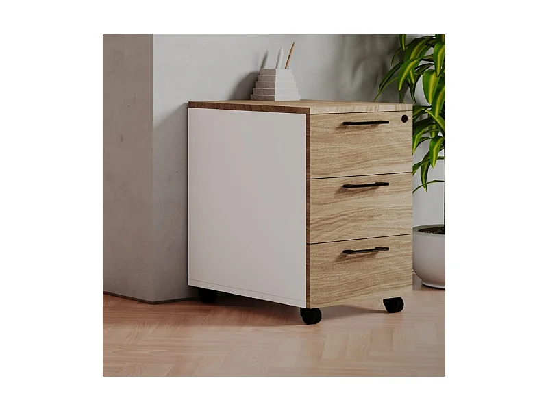 Commode de bureau moderne 3 tiroirs "Ibisco" blanc noyer naturel cm 40x55 58h