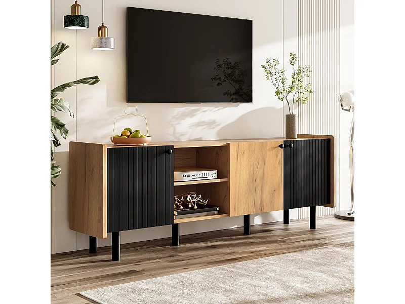 Mueble de TV naturel - Mueble de TV de 3 puertas con 2 espacios de almacenamiento abiertos - 6 patas de hierro mate - para sala de estar