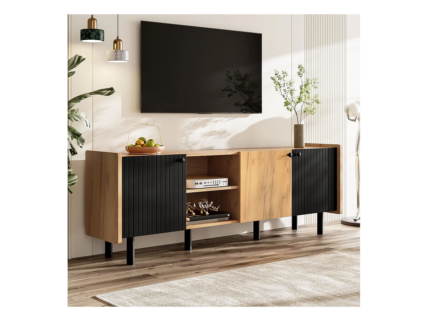 Meuble TV naturel - Meuble TV 3 portes et 2 rangements ouverts - 6 pieds en fer mat - pour salon