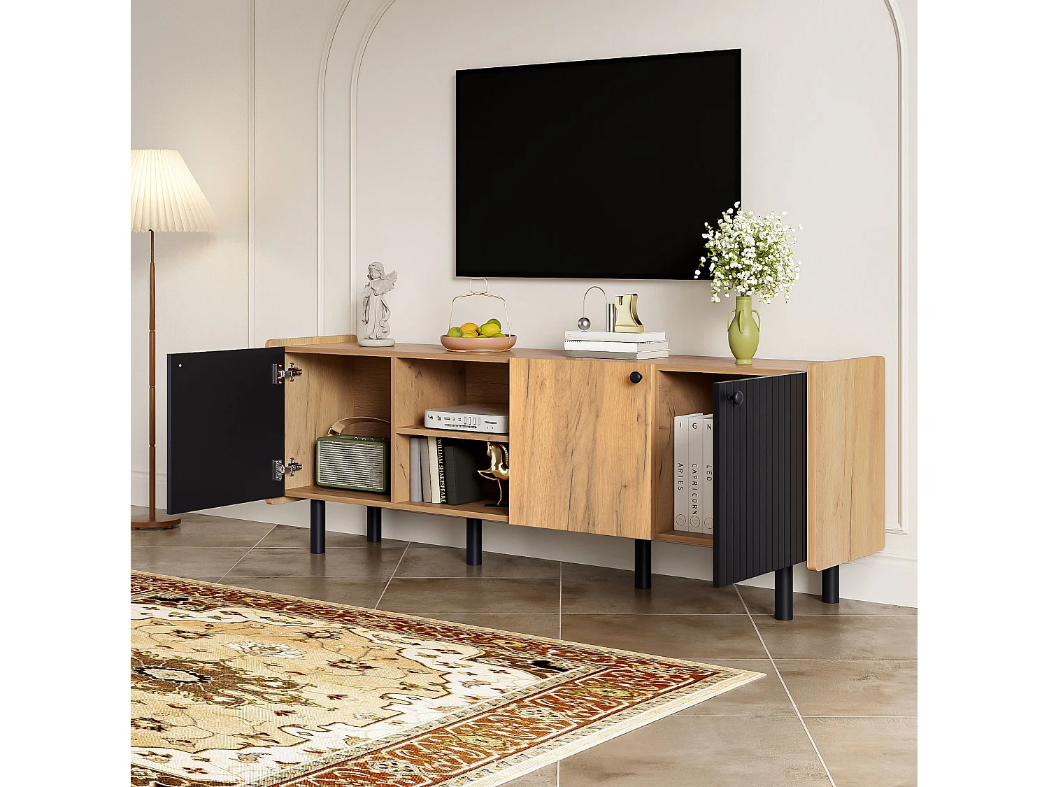 TV-meubel Natural - 3-deurs tv-meubel met 2 open opbergvakken - 6 matte ijzeren poten - voor woonkamer