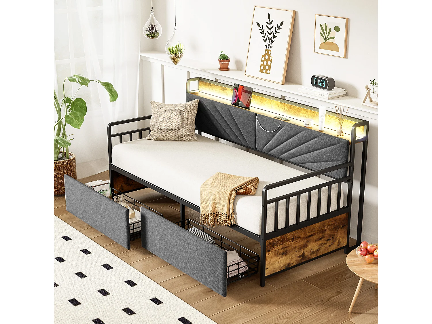 Tagesbett 90x200 cm - Einzelbett mit LED-Beleuchtung und 2 Schubladen - ablagefläche und multifunktionssteckdose - schwarz