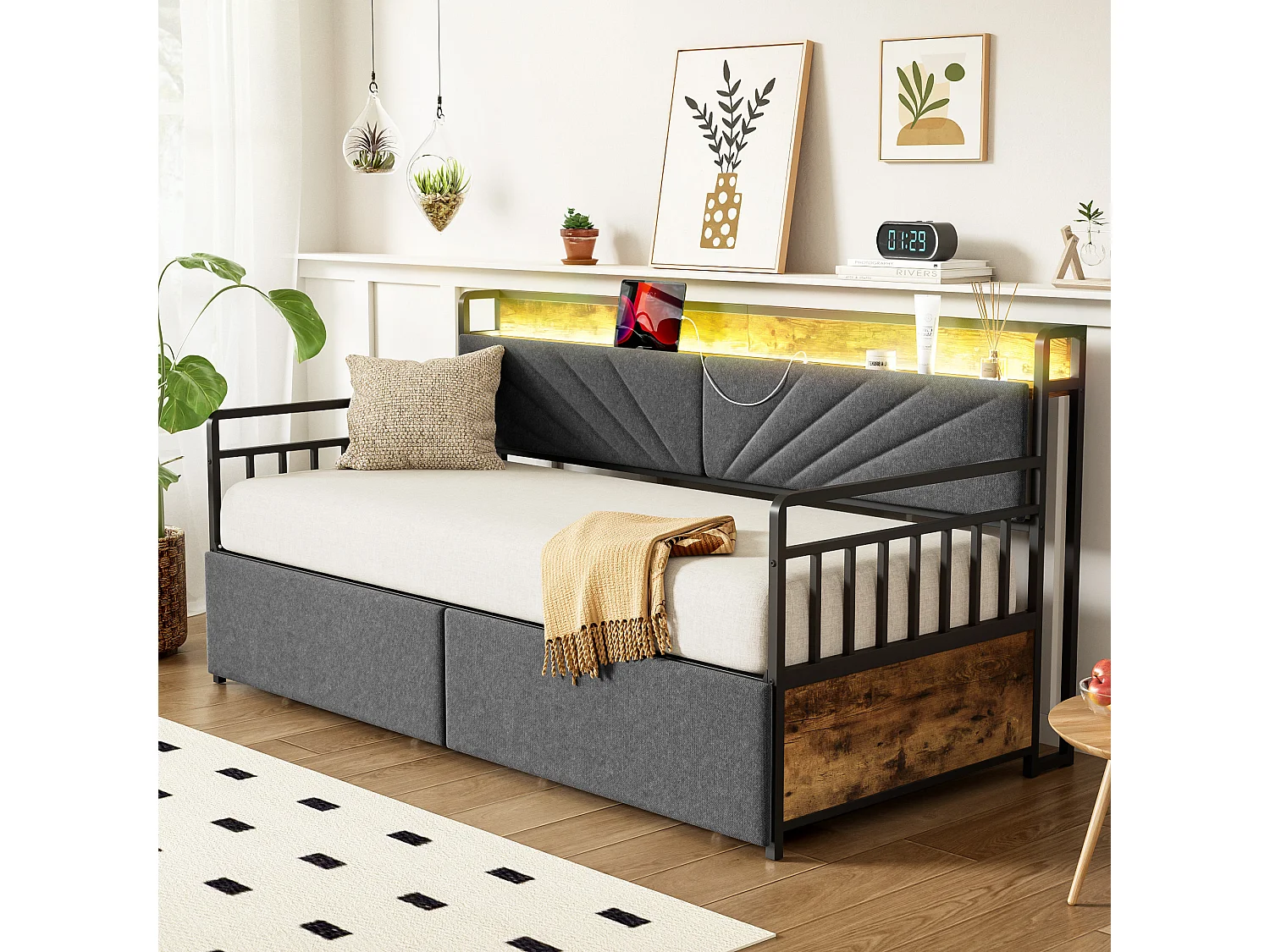 Tagesbett 90x200 cm - Einzelbett mit LED-Beleuchtung und 2 Schubladen - ablagefläche und multifunktionssteckdose - schwarz