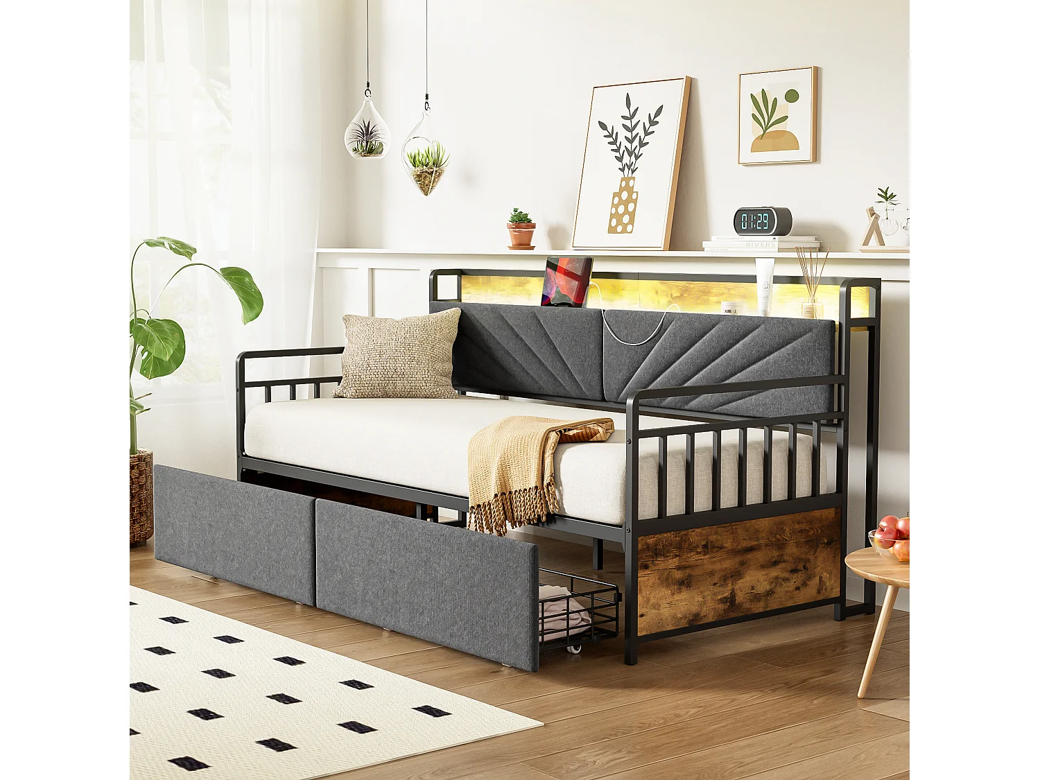 Tagesbett 90x200 cm - Einzelbett mit LED-Beleuchtung und 2 Schubladen - ablagefläche und multifunktionssteckdose - schwarz