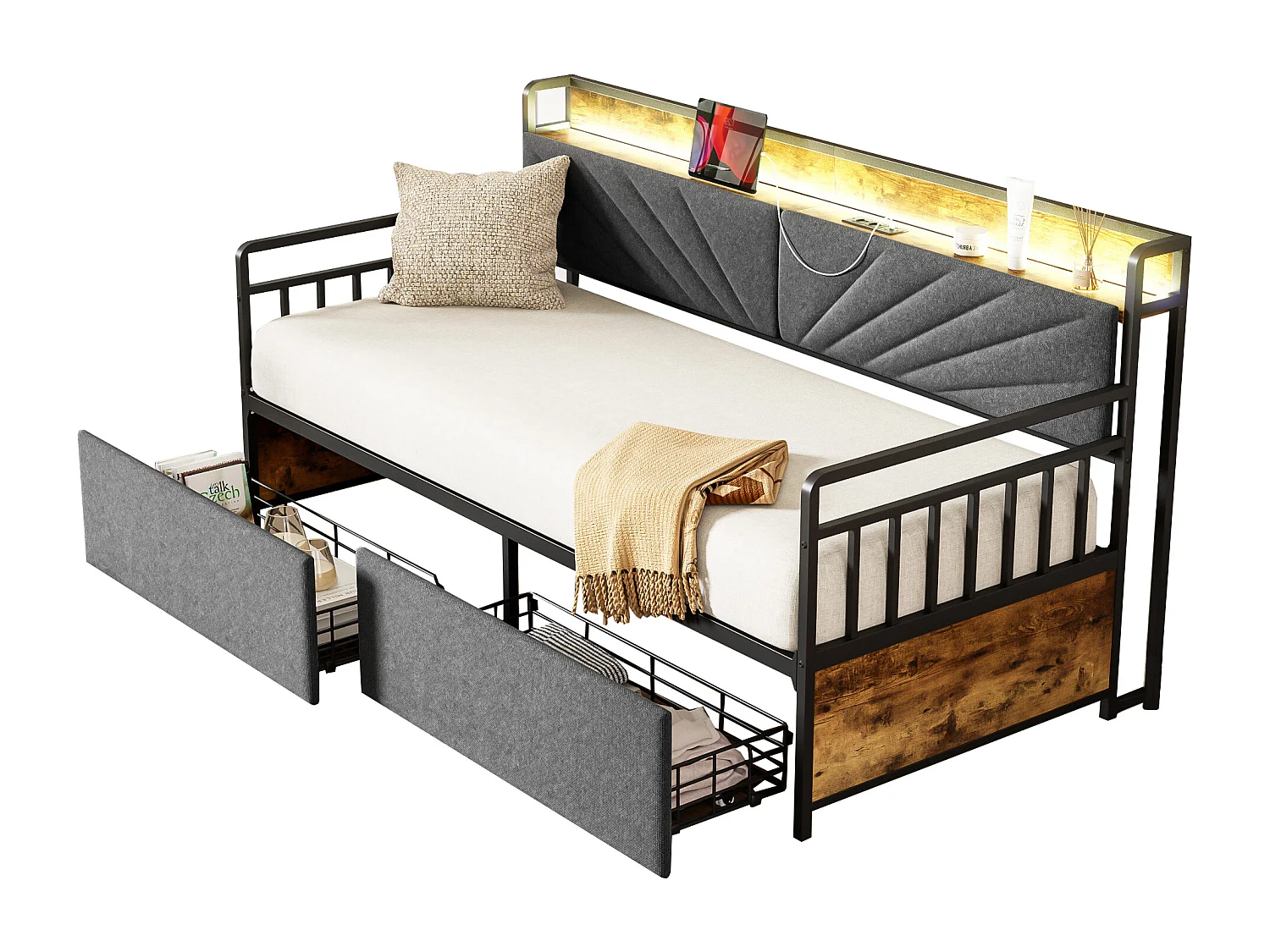 Tagesbett 90x200 cm - Einzelbett mit LED-Beleuchtung und 2 Schubladen - ablagefläche und multifunktionssteckdose - schwarz