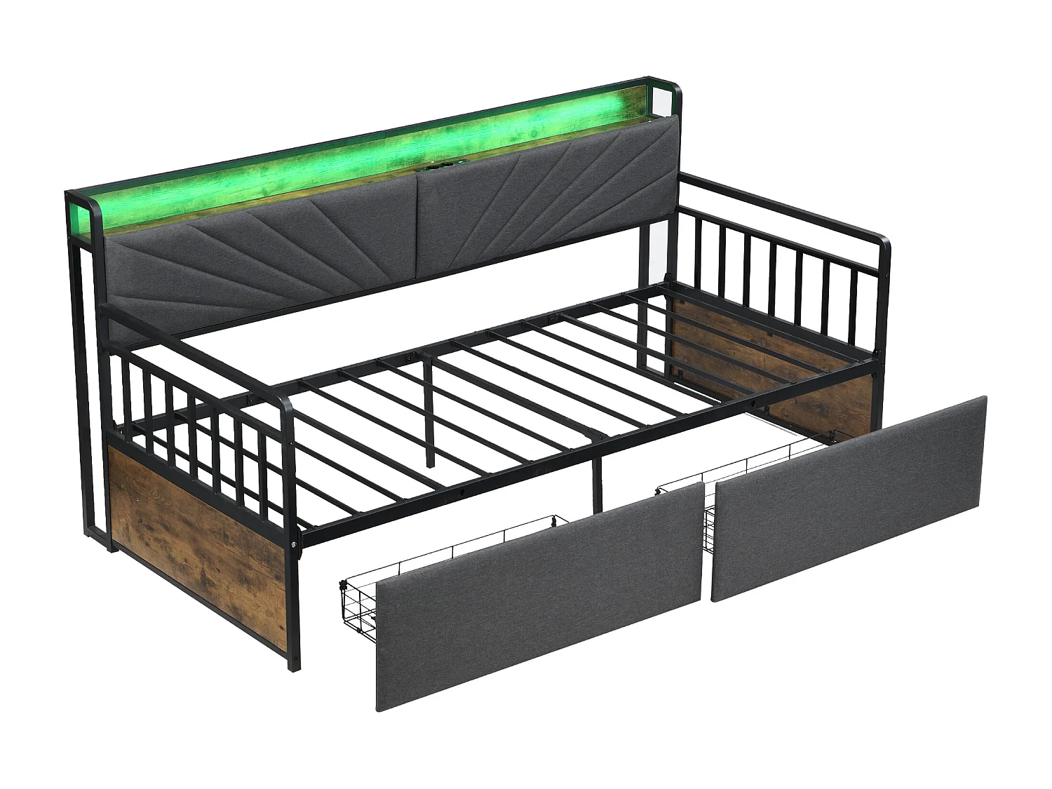 Tagesbett 90x200 cm - Einzelbett mit LED-Beleuchtung und 2 Schubladen - ablagefläche und multifunktionssteckdose - schwarz