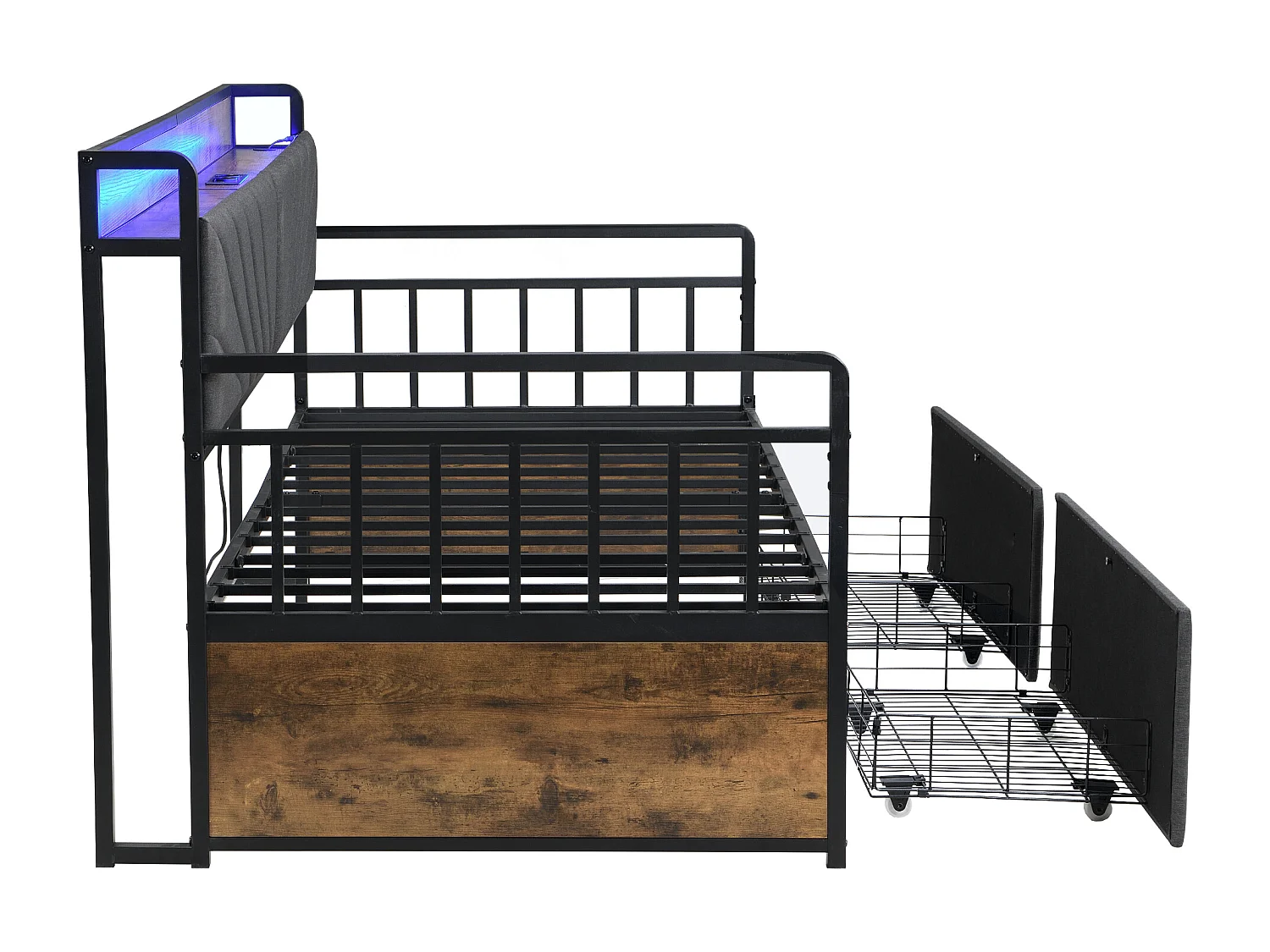 Tagesbett 90x200 cm - Einzelbett mit LED-Beleuchtung und 2 Schubladen - ablagefläche und multifunktionssteckdose - schwarz