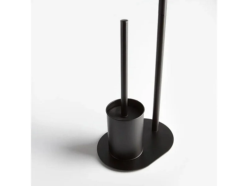 Wolnostojący uchwyt na papier toaletowy „Friedrich” z uchwytem na szczotkę, wykonany z matowego czarnego metalu i owalną podstawą
