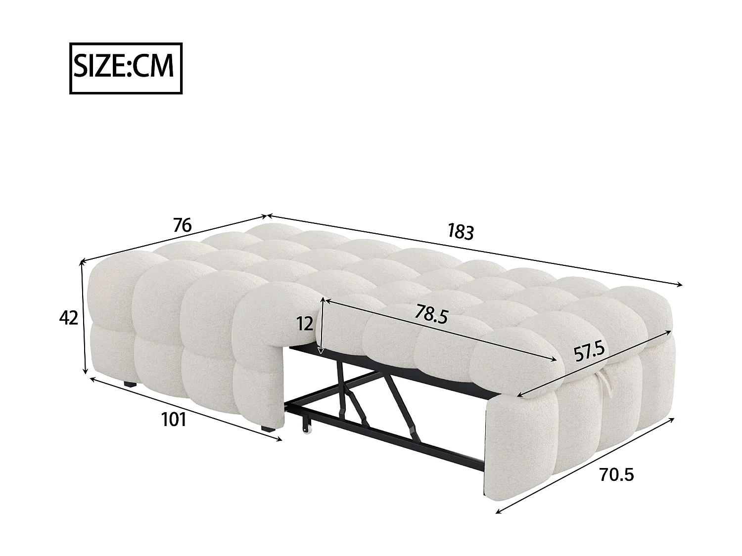 Lit banquette beige - Lit simple avec rembourrage en mousse et pliable - tissu teddy