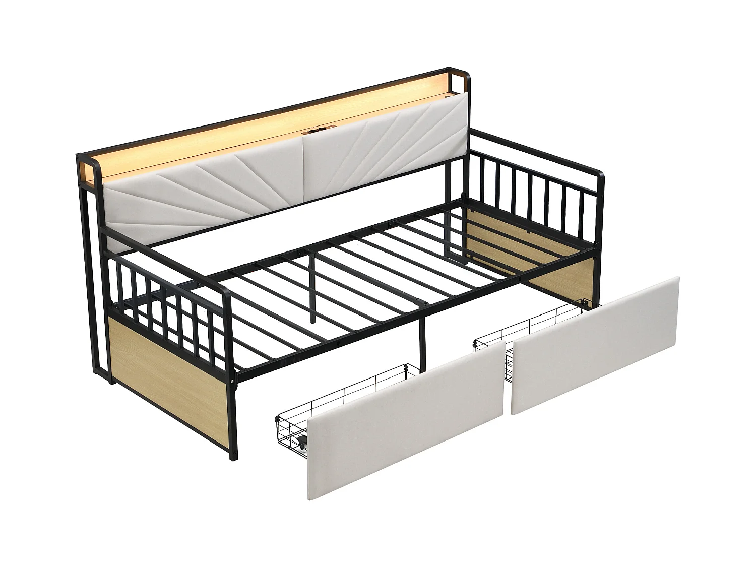 Lit banquette 90x200 cm - Lit simple avec éclairage LED et 2 tiroirs - étagère de rangement et prise multifonction - beige