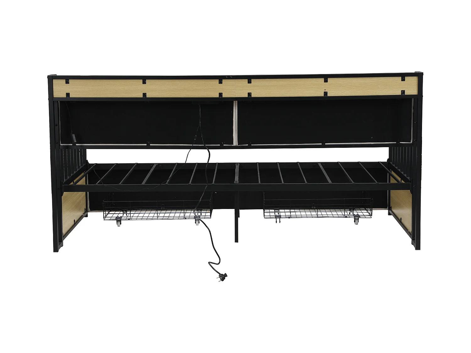 Lit banquette 90x200 cm - Lit simple avec éclairage LED et 2 tiroirs - étagère de rangement et prise multifonction - beige