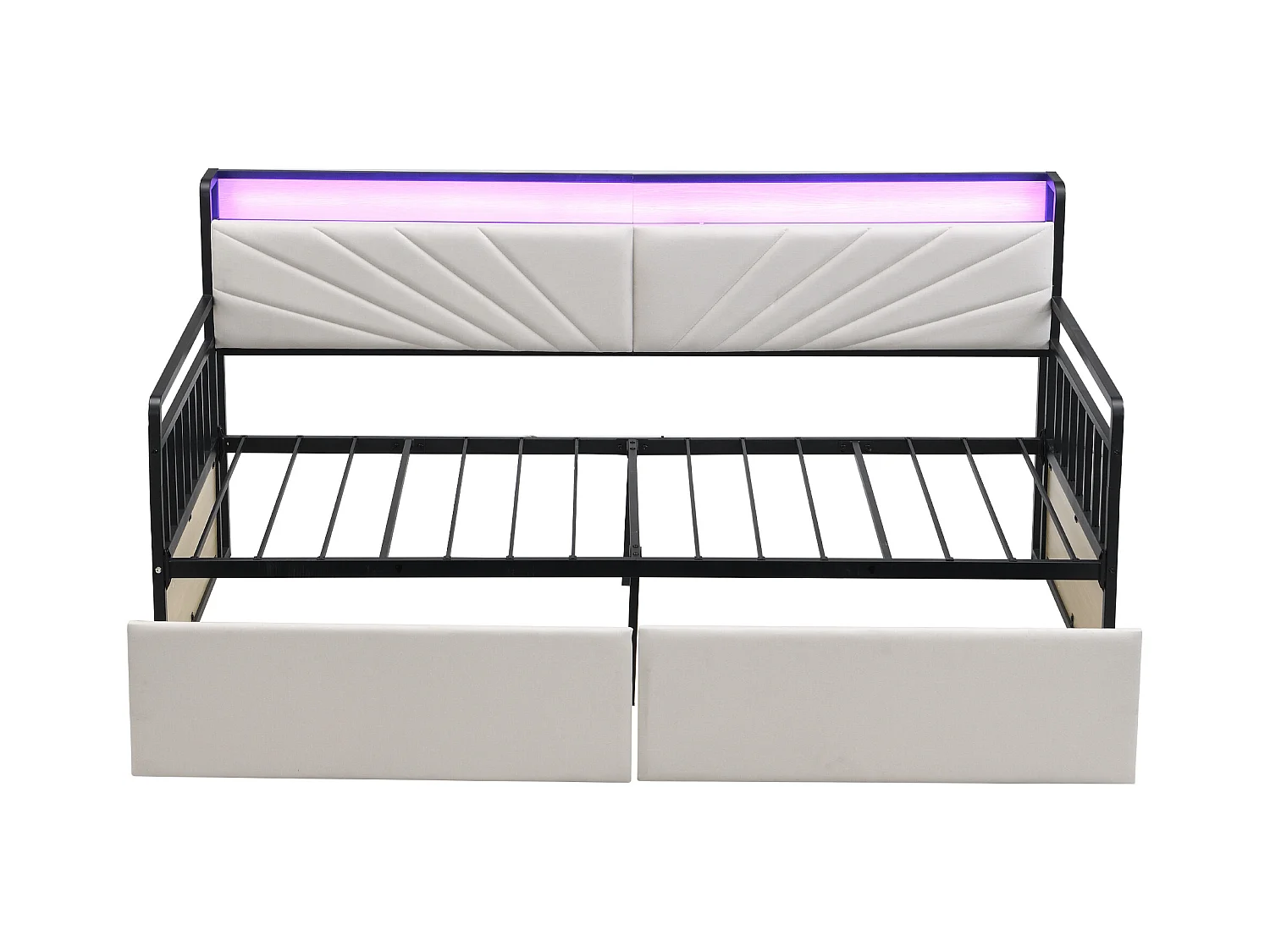Lit banquette 90x200 cm - Lit simple avec éclairage LED et 2 tiroirs - étagère de rangement et prise multifonction - beige