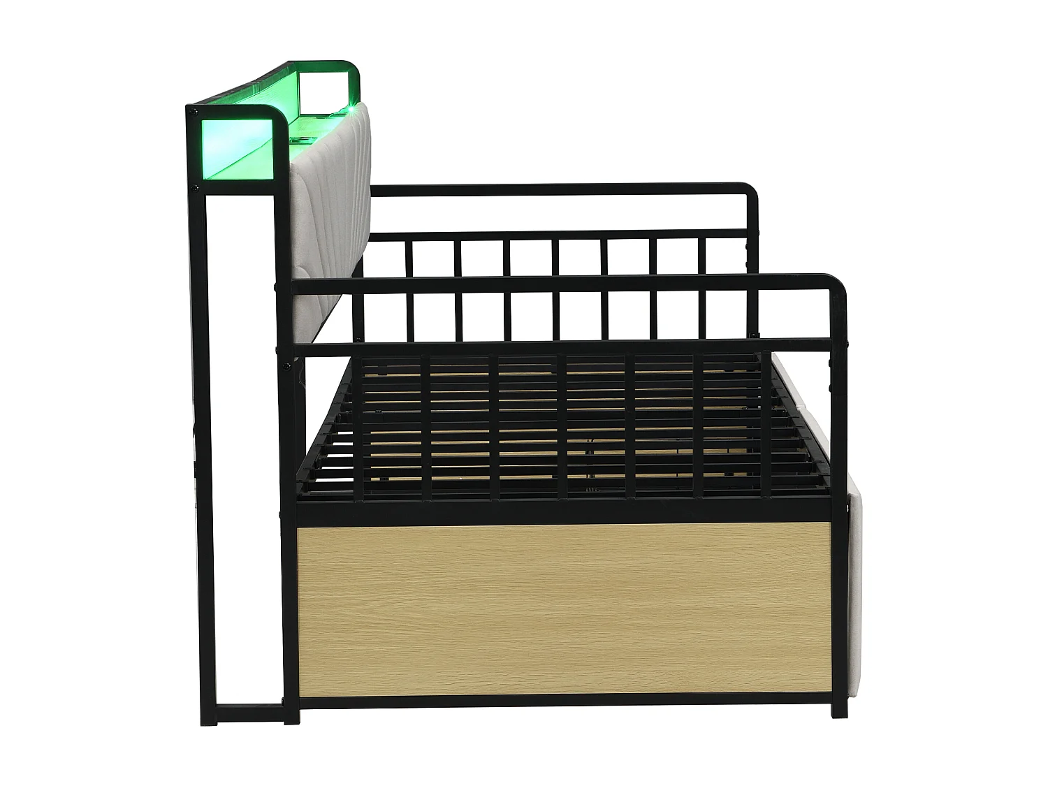 Lit banquette 90x200 cm - Lit simple avec éclairage LED et 2 tiroirs - étagère de rangement et prise multifonction - beige