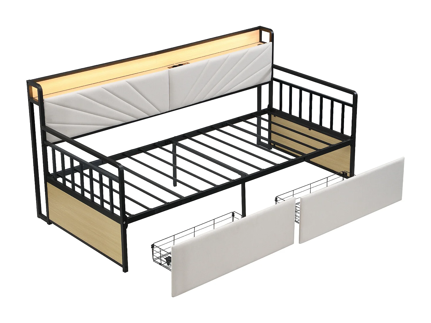Lit banquette 90x200 cm - Lit simple avec éclairage LED et 2 tiroirs - étagère de rangement et prise multifonction - beige