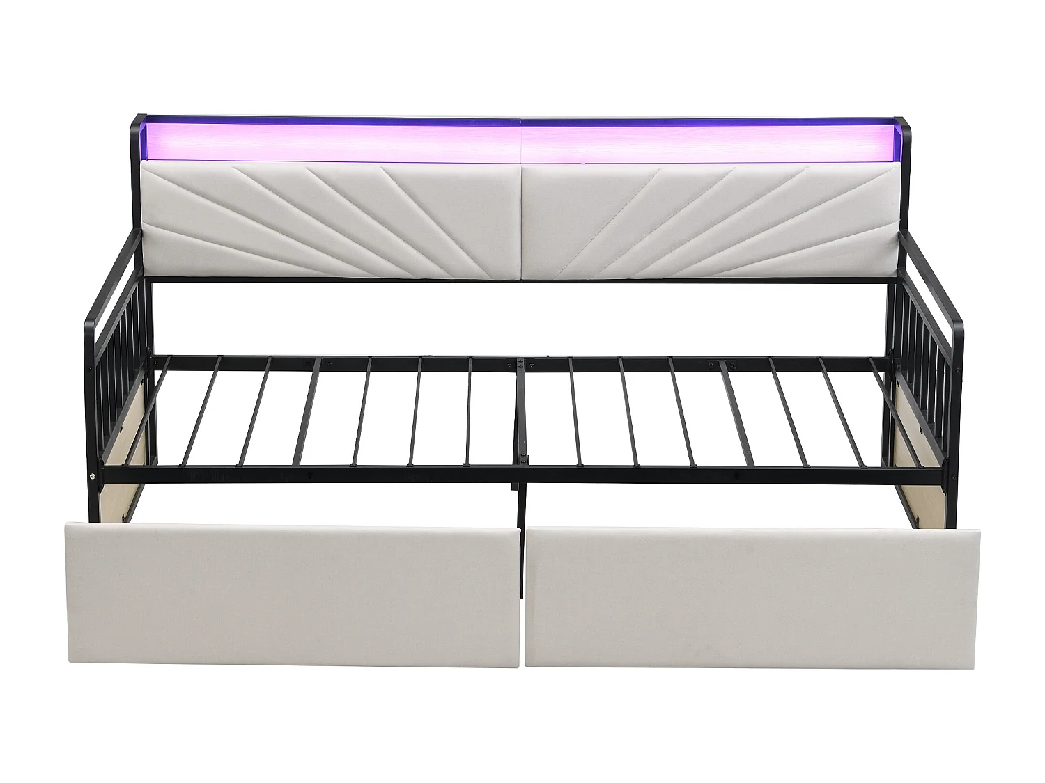 Lit banquette 90x200 cm - Lit simple avec éclairage LED et 2 tiroirs - étagère de rangement et prise multifonction - beige