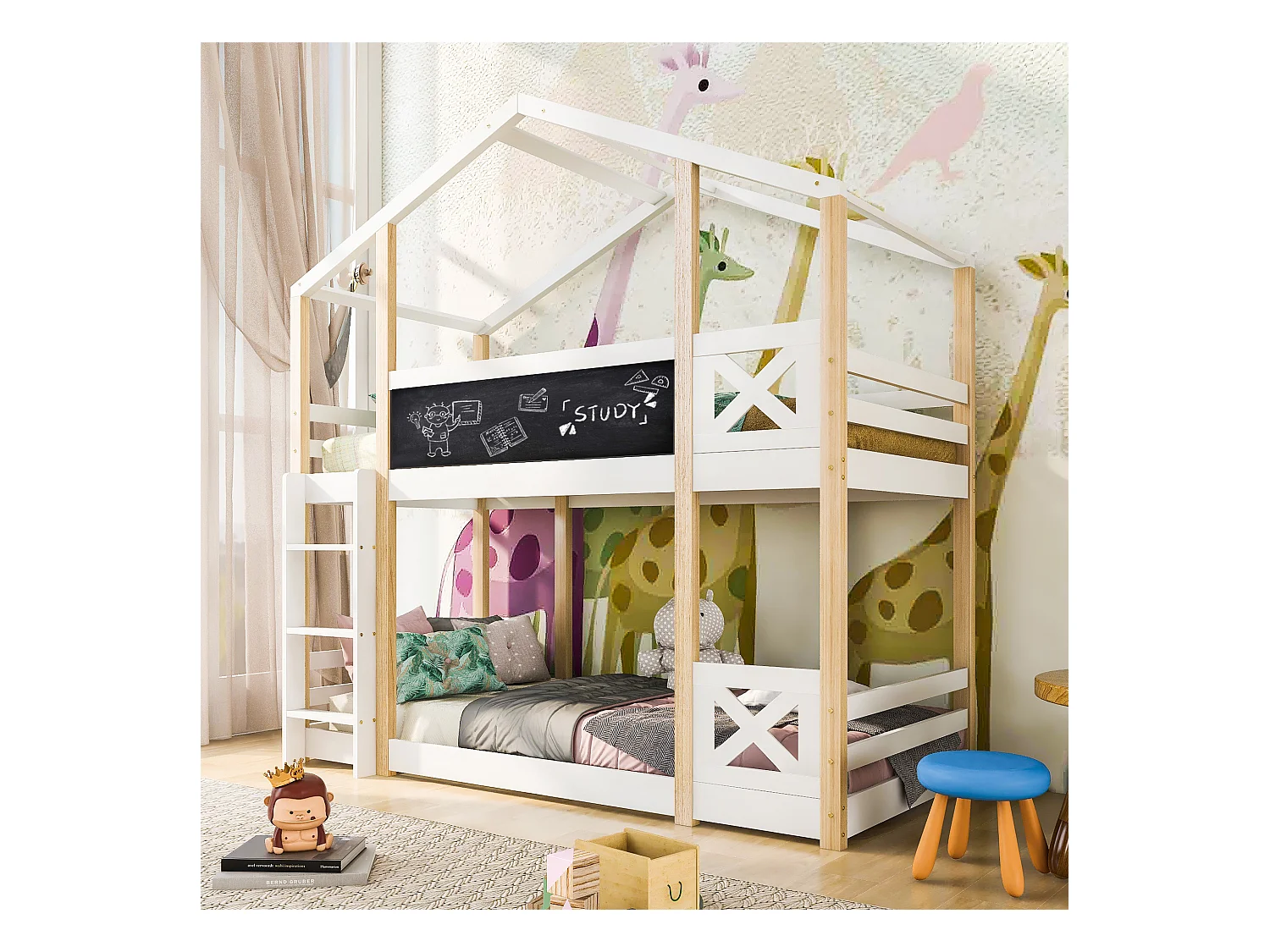 Lit superposé 90 x 200 cm - Lit enfant avec échelle et barrières de sécurité - bois  blanc - sans matelas