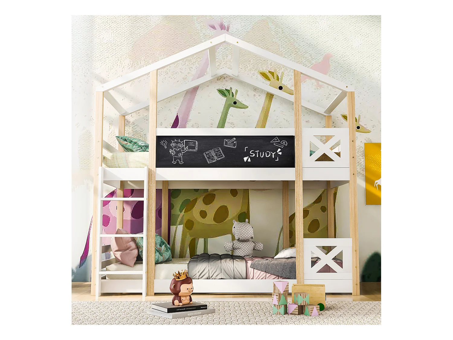 Lit superposé 90 x 200 cm - Lit enfant avec échelle et barrières de sécurité - bois  blanc - sans matelas