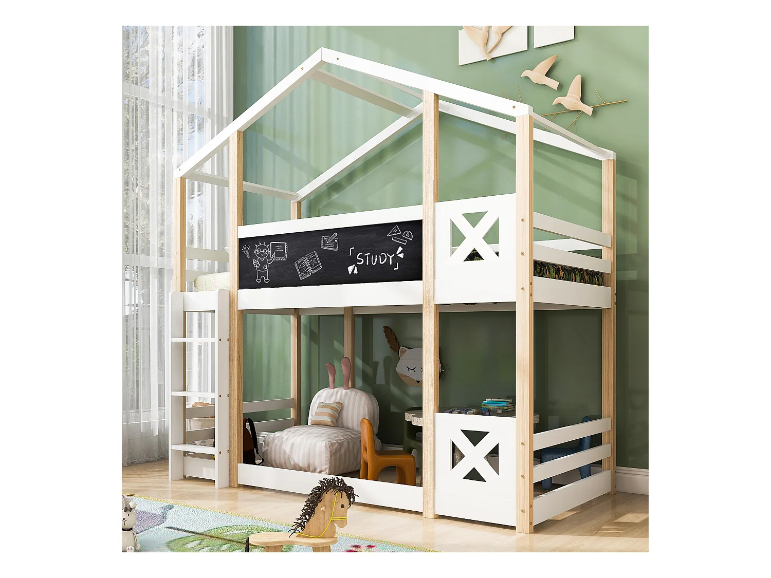 Lit superposé 90 x 200 cm - Lit enfant avec échelle et barrières de sécurité - bois  blanc - sans matelas