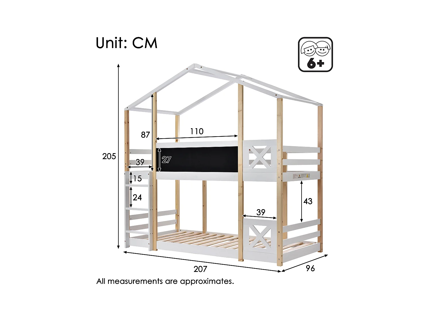 Lit superposé 90 x 200 cm - Lit enfant avec échelle et barrières de sécurité - bois  blanc - sans matelas