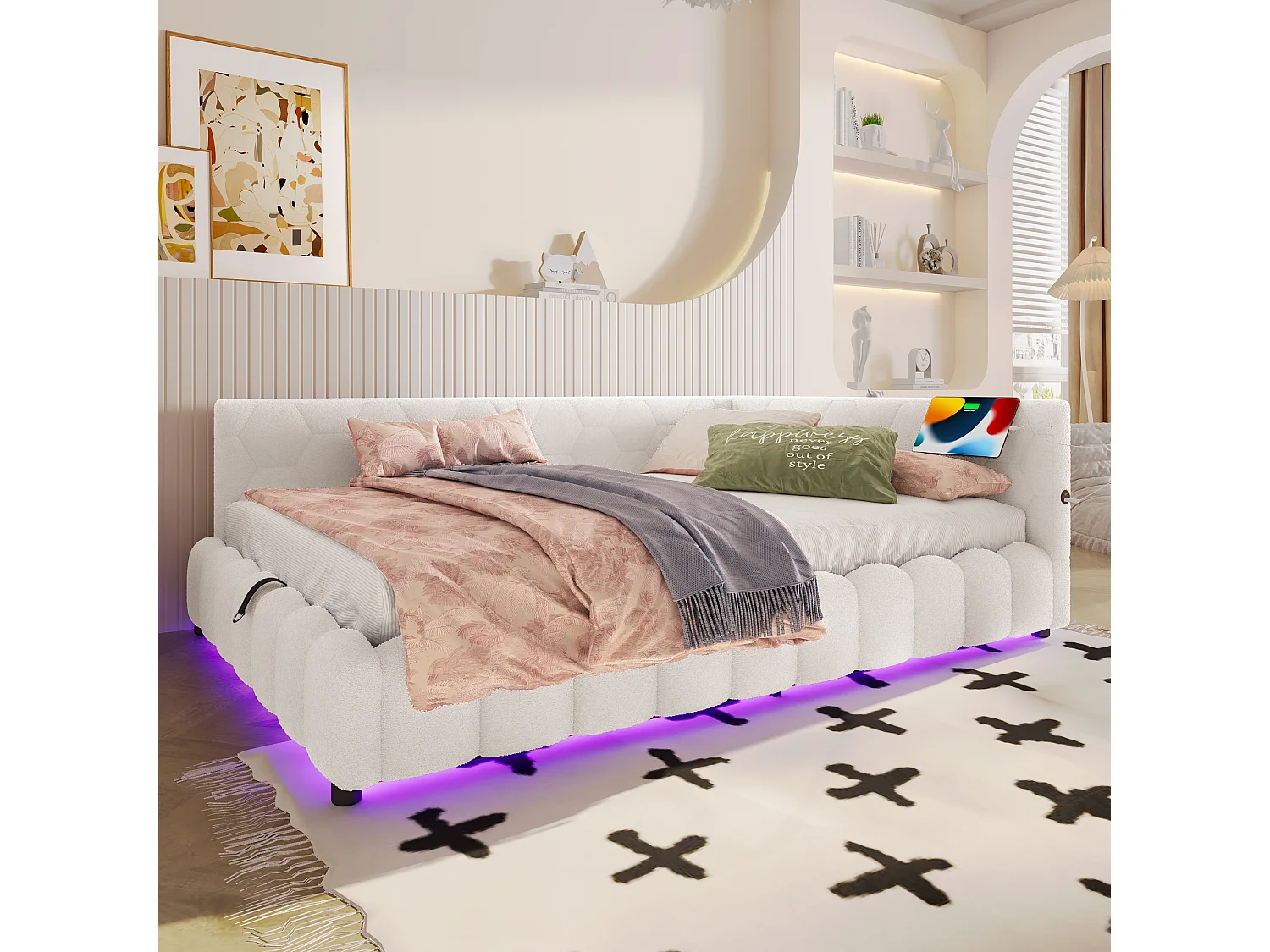 Opbergbed 140x200 cm - Volwassen bed met LED-verlichting en USB-oplader - wit - zonder matras