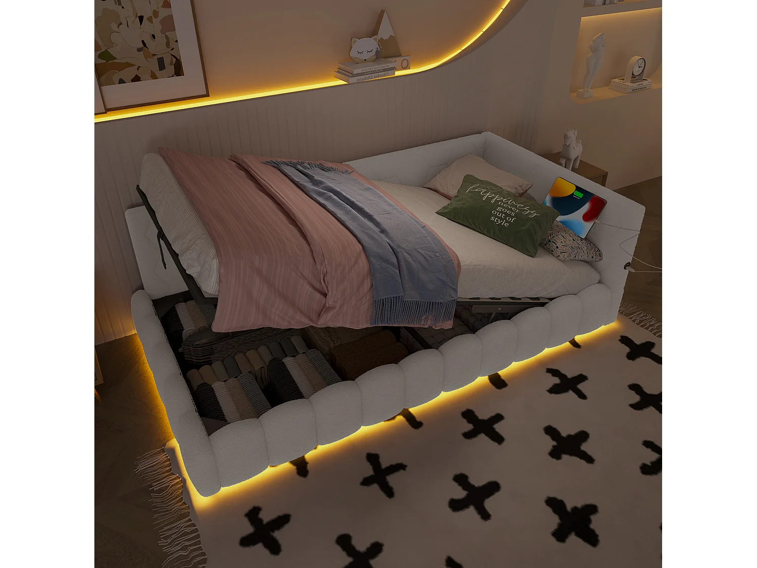 Cama con canapé 90x200 cm - Cama infantil con iluminación LED y carga USB - blanca - sin colchón