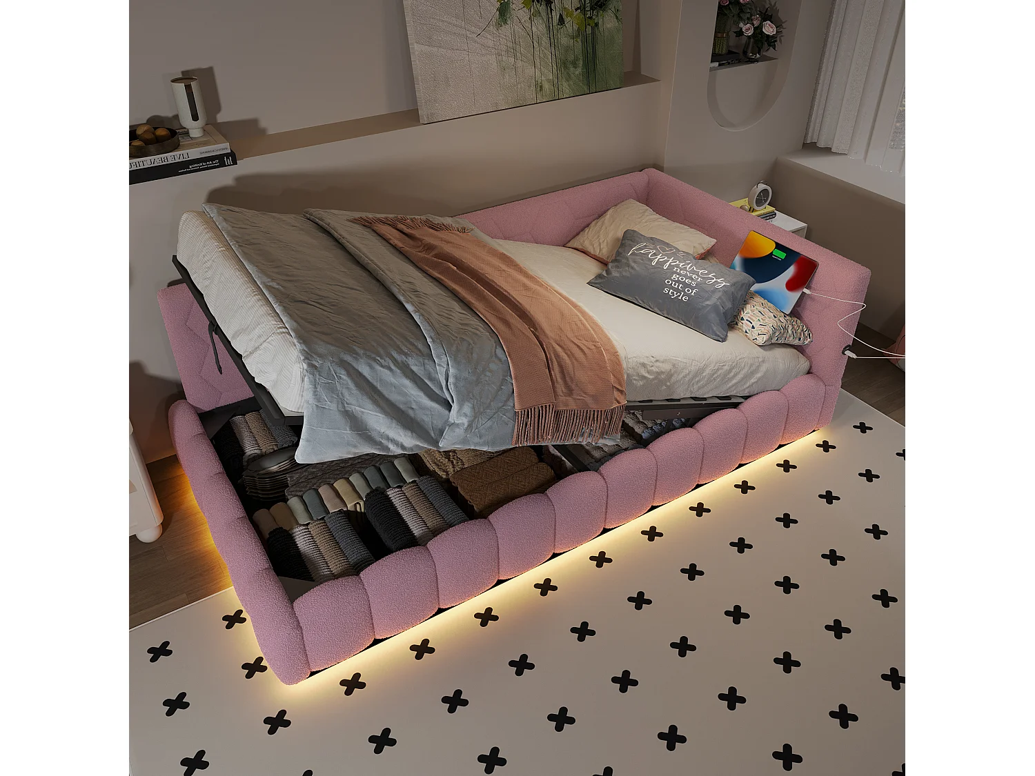 Opbergbed 90x200 cm - Kinderbed met LED-verlichting en USB-oplader - roze - zonder matras