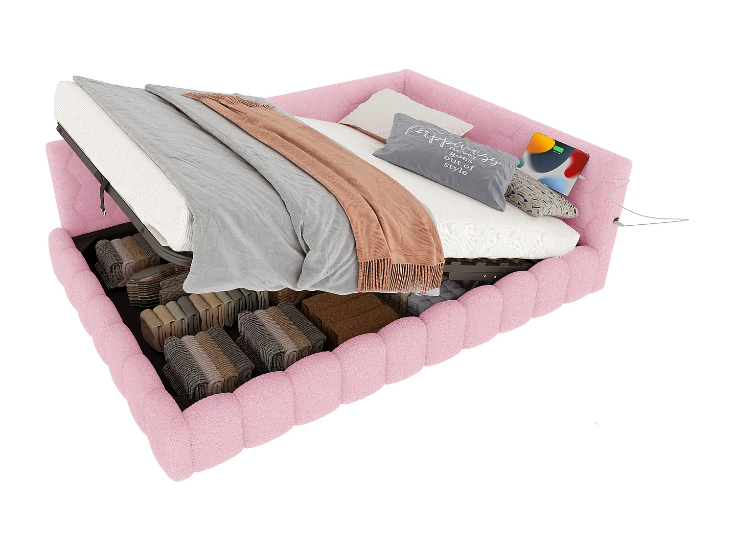 Opbergbed 140x200 cm - Volwassen bed met LED-verlichting en USB-oplader - roze - zonder matras