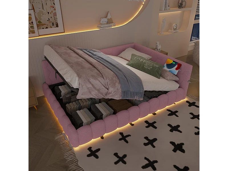 Opbergbed 140x200 cm - Volwassen bed met LED-verlichting en USB-oplader - roze - zonder matras