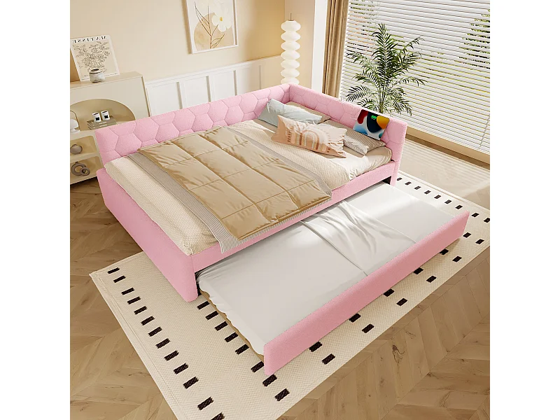 Uitschuifbed 140x200 - Volwassen bed met USB-oplader en bedlampje - roze fluweel - zonder matras