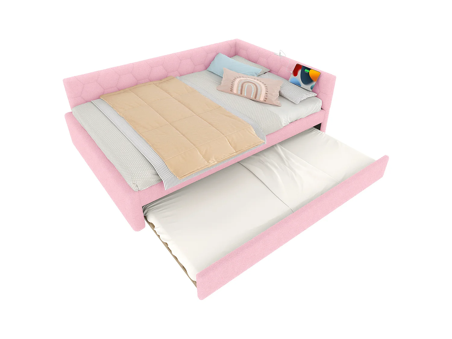 Lit gigogne 140x200 - Lit adulte avec recharge USB et lampe de chevet - velours rose- sans matelas