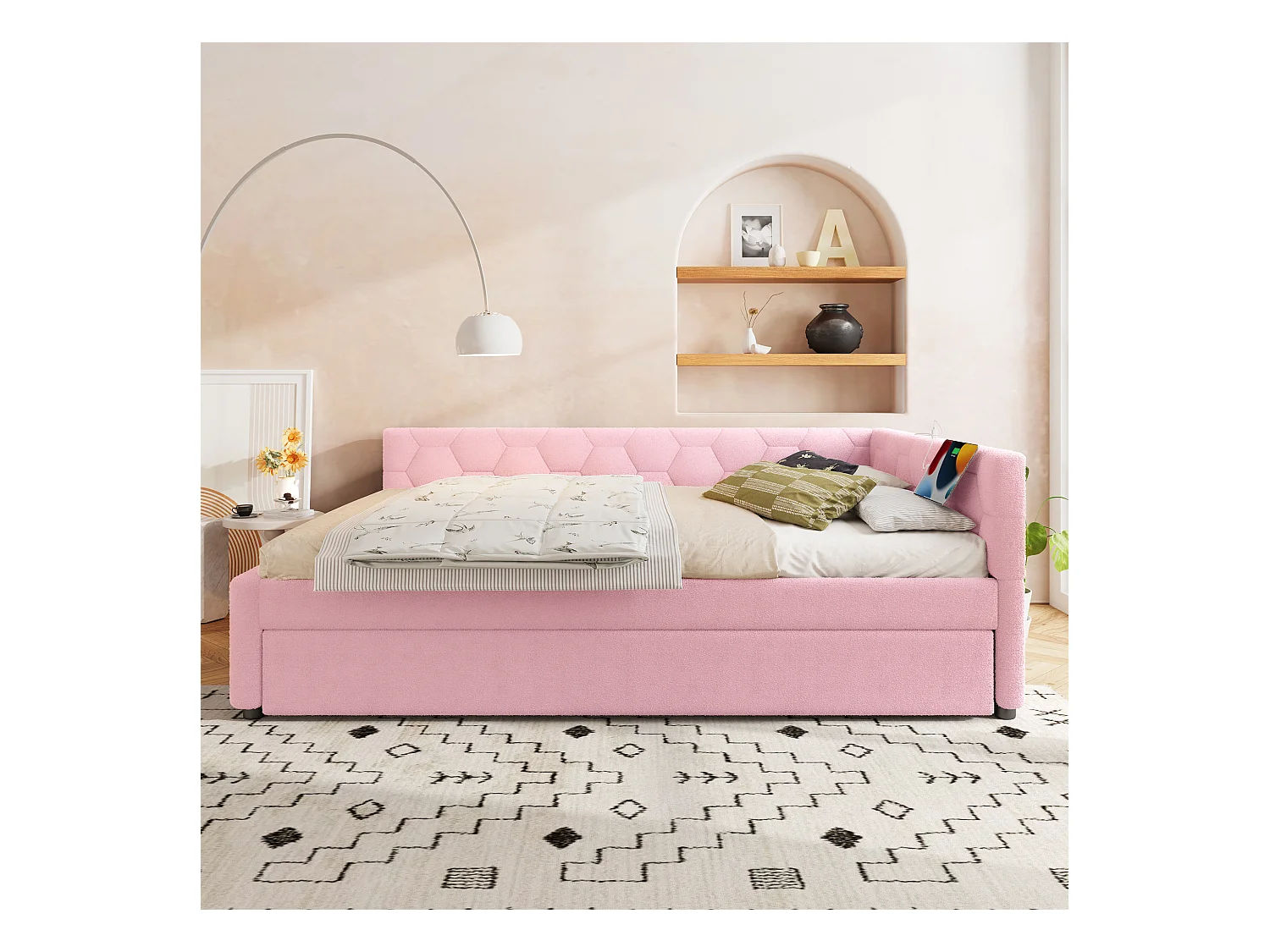 Lit gigogne 140x200 - Lit adulte avec recharge USB et lampe de chevet - velours rose- sans matelas