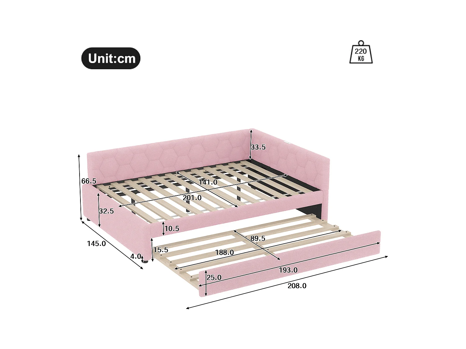 Lit gigogne 140x200 - Lit adulte avec recharge USB et lampe de chevet - velours rose- sans matelas