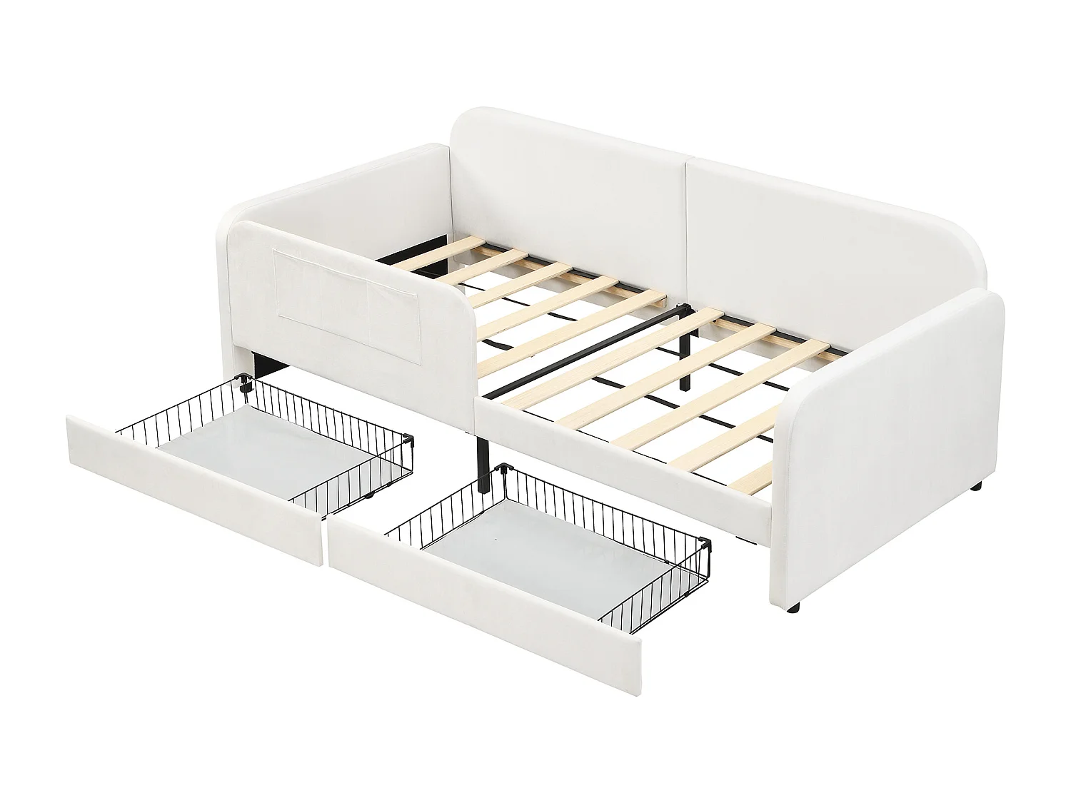 Divano trasformabile 90x200 cm - Letto per bambini con 3 vani contenitore e 2 cassetti - struttura letto in metallo - velluto bianco