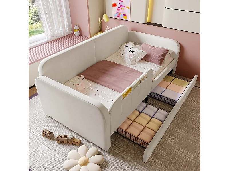 Lit De Rangement Relevable OOIILLEE Avec LED Et Prises USB - Tête De Lit Capitonnée, Velours Beige 90x200 Cm - Hydraulique, Rangement Intégré