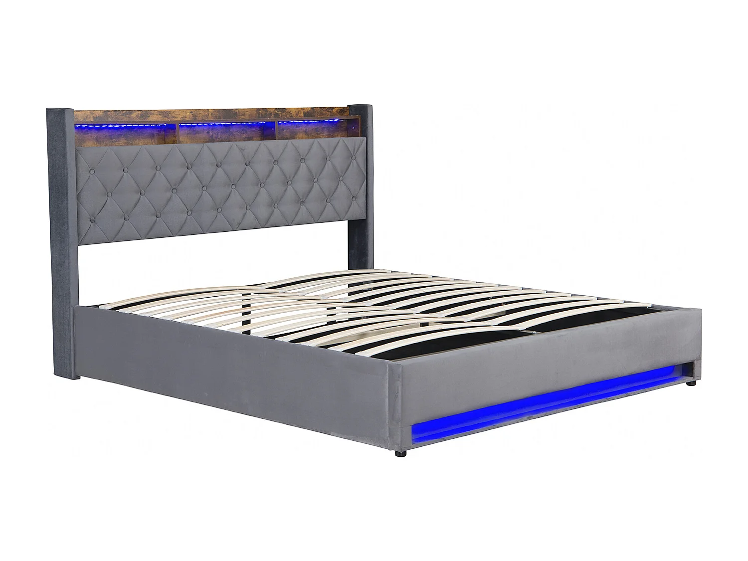 Letto contenitore 140x200 cm - Letto per adulti con illuminazione LED e ricarica USB - velluto grigio - materasso non incluso
