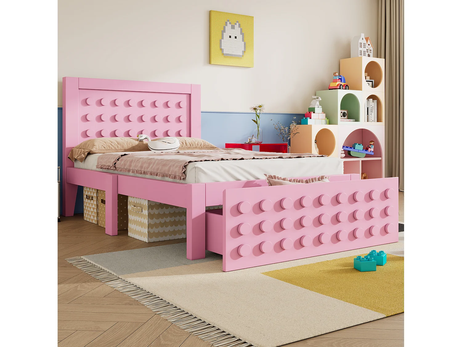 Cama de criança 90 x 200 cm - Cama individual com gavetas e compartimento por baixo da cama - madeira rosa - sem colchão