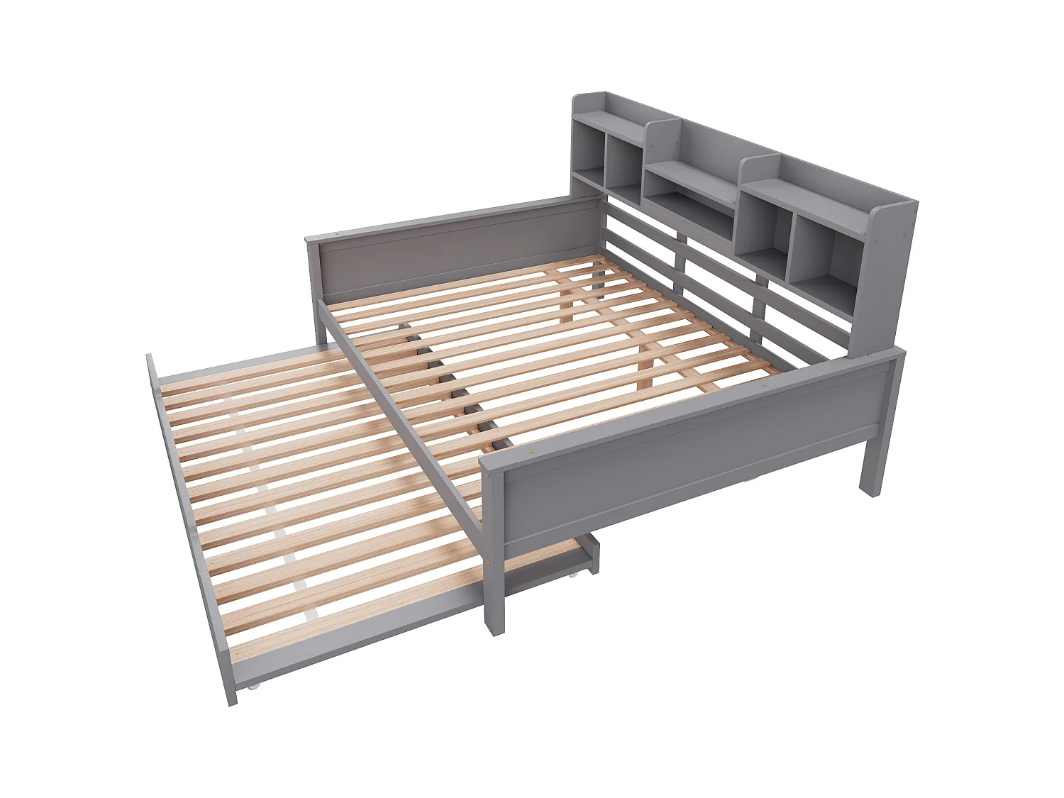 Lit gigogne 140x200 cm - Lit enfant avec compartiment de rangement sommier à lattes - bois gris - sans matelas