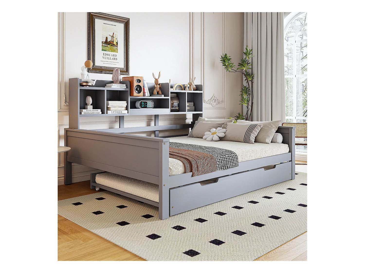 Lit gigogne 140x200 cm - Lit enfant avec compartiment de rangement sommier à lattes - bois gris - sans matelas