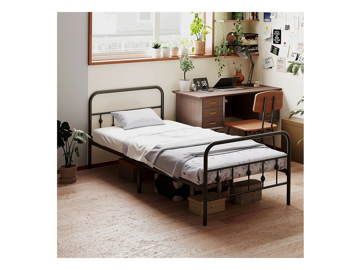 Kinderbett 90x200 cm - Bettgestell mit Metallrahmen und klappbar - schwarz
