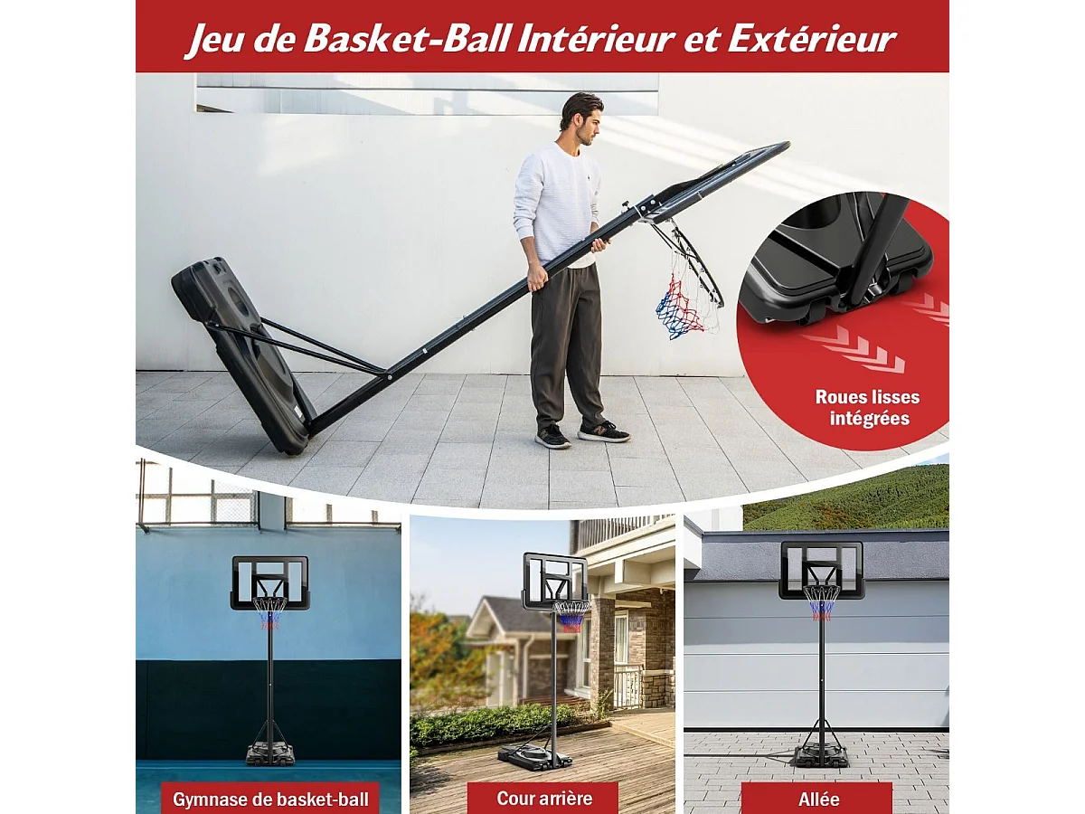 Panier de Basket-Ball sur Pied, Hauteur Réglable à 12 Niveaux 232-305 CM, Ensemble de Basketball avec Roues Panneau Arrière Incassable Rangement de Balle