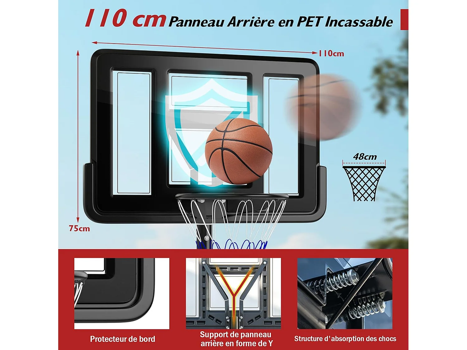 Panier de Basket-Ball sur Pied, Hauteur Réglable à 12 Niveaux 232-305 CM, Ensemble de Basketball avec Roues Panneau Arrière Incassable Rangement de Balle
