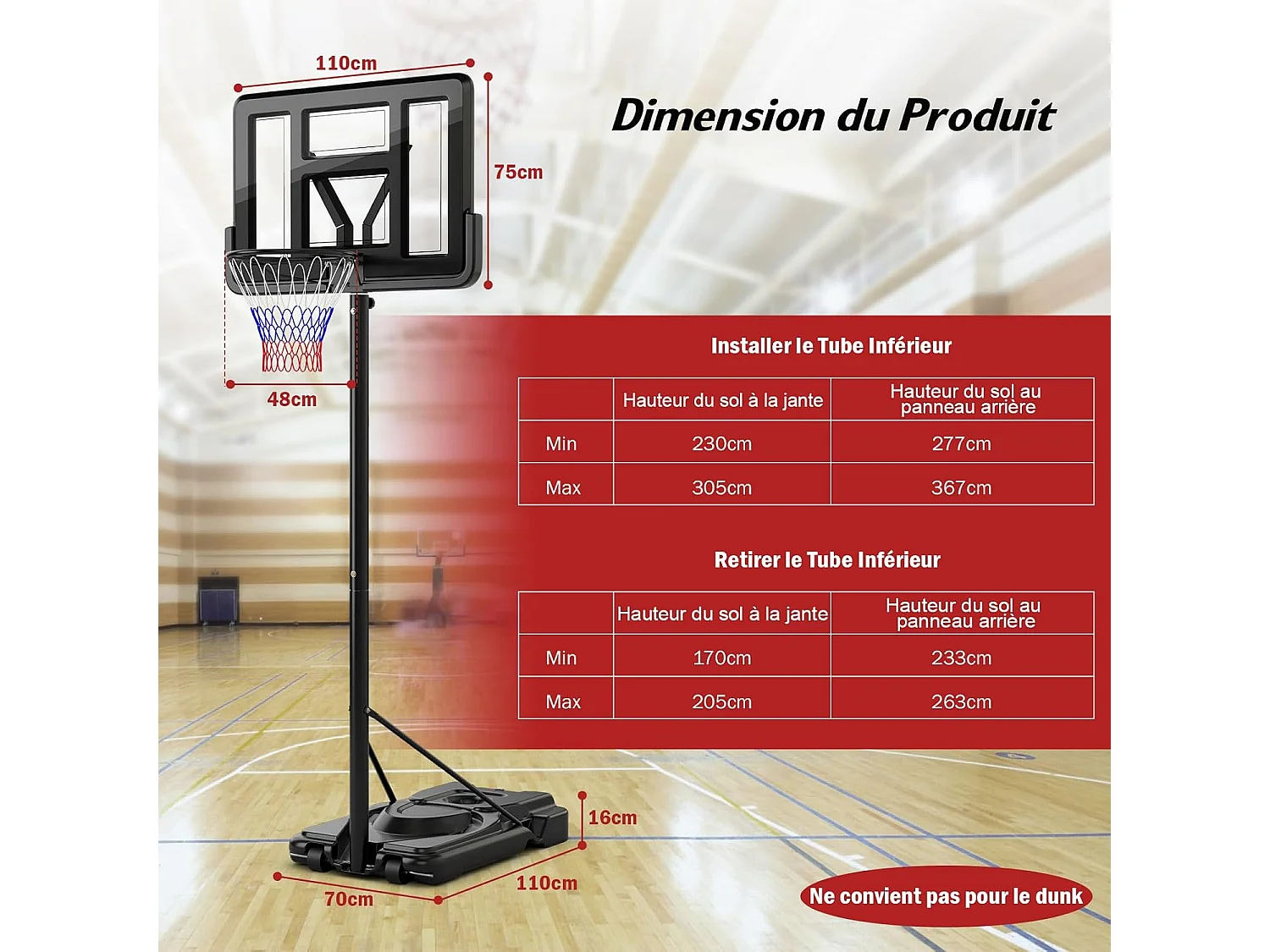 Panier de Basket-Ball sur Pied, Hauteur Réglable à 12 Niveaux 232-305 CM, Ensemble de Basketball avec Roues Panneau Arrière Incassable Rangement de Balle