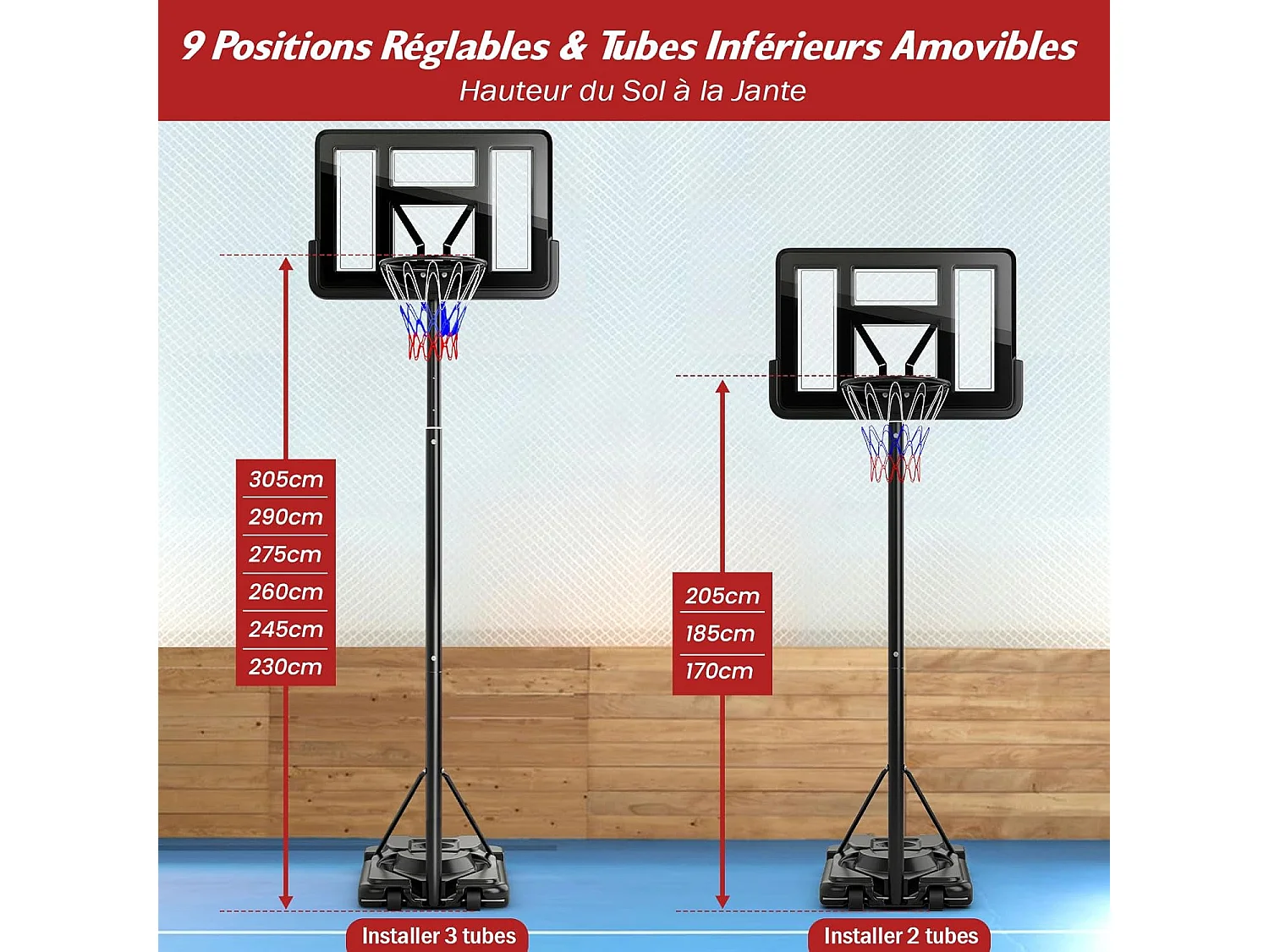 Panier de Basket-Ball sur Pied, Hauteur Réglable à 12 Niveaux 232-305 CM, Ensemble de Basketball avec Roues Panneau Arrière Incassable Rangement de Balle