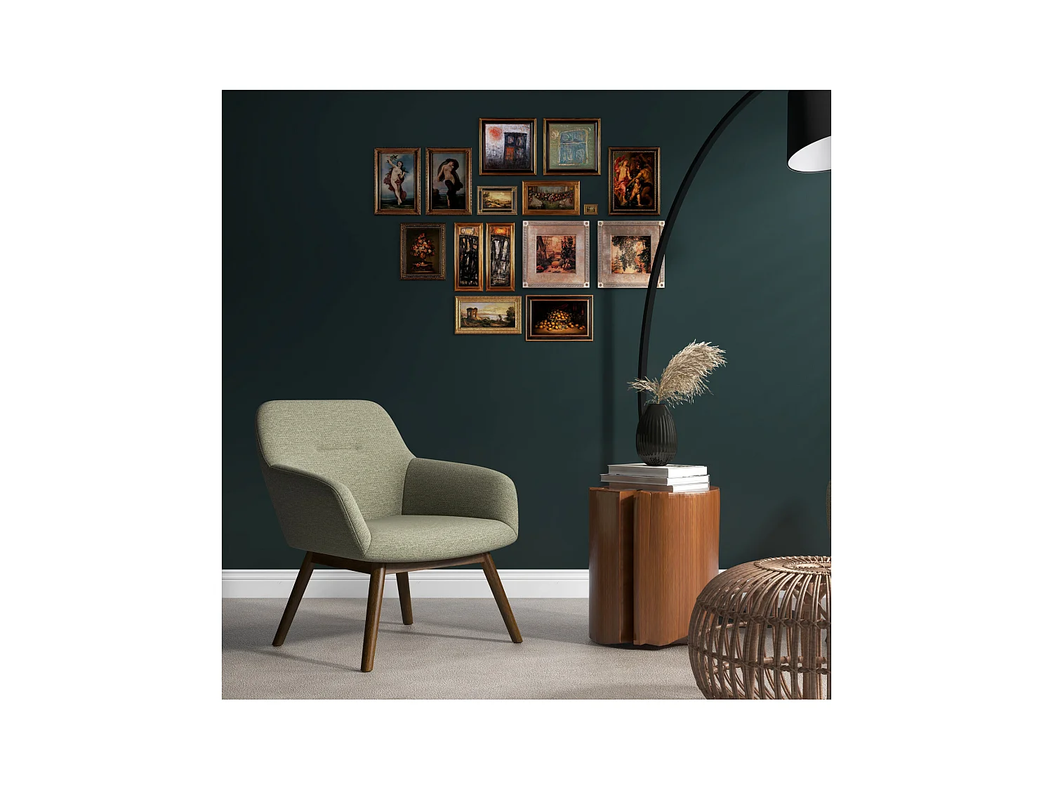 MALMO-Fauteuil en bois patiné noyer et tissu Trendy Sauge