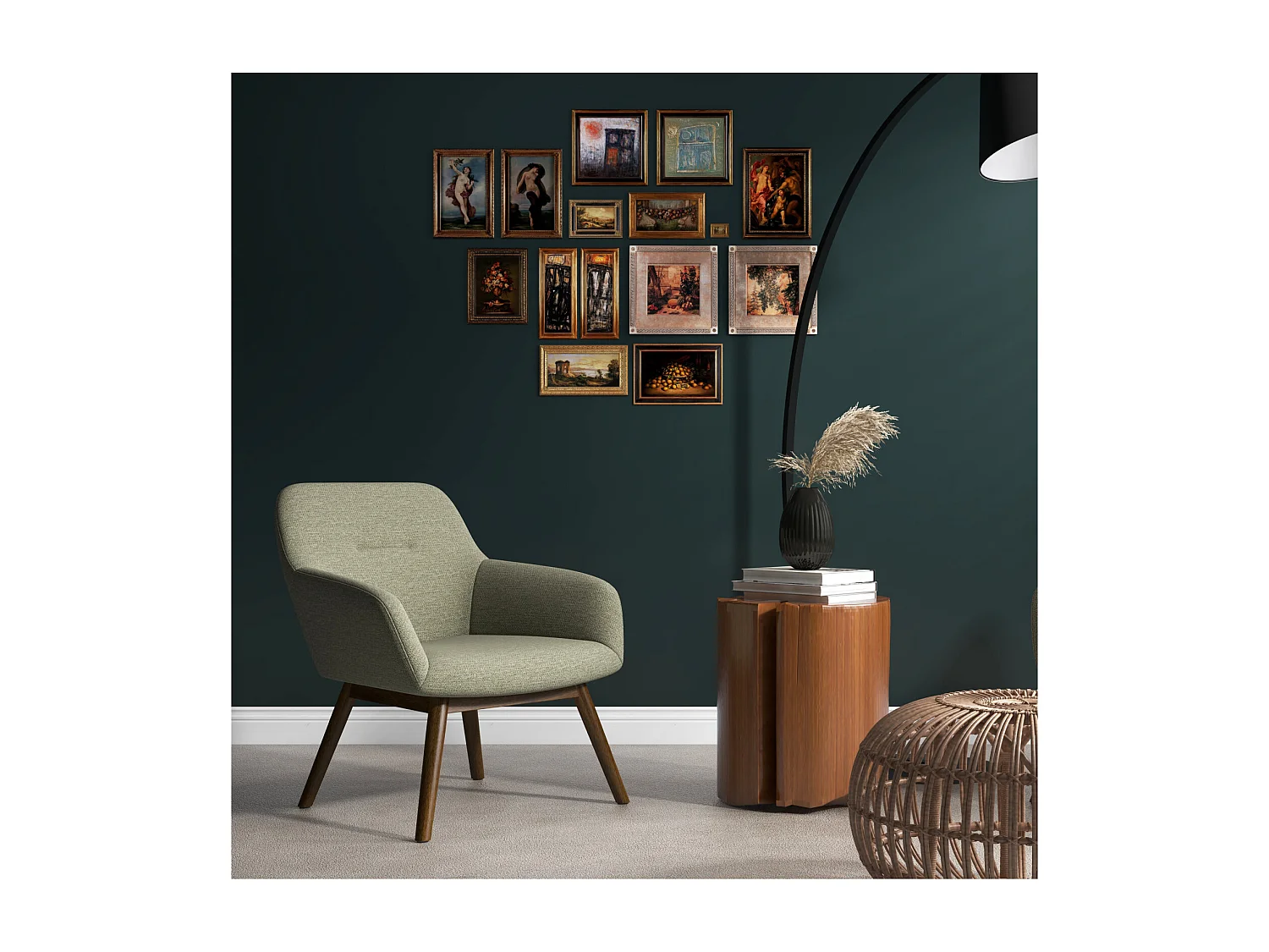 MALMO-Sillón de madera patinada nogal y tejido Trendy Sauge