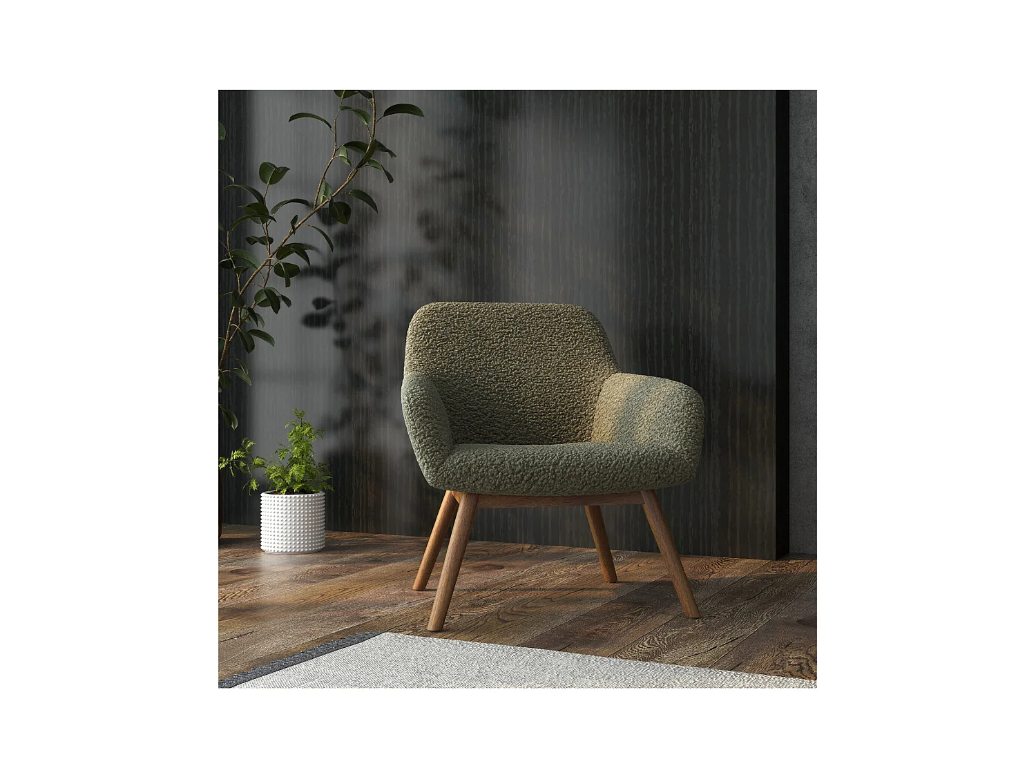 MALMO-Fauteuil en bois patiné noyer et tissu bouclé Army