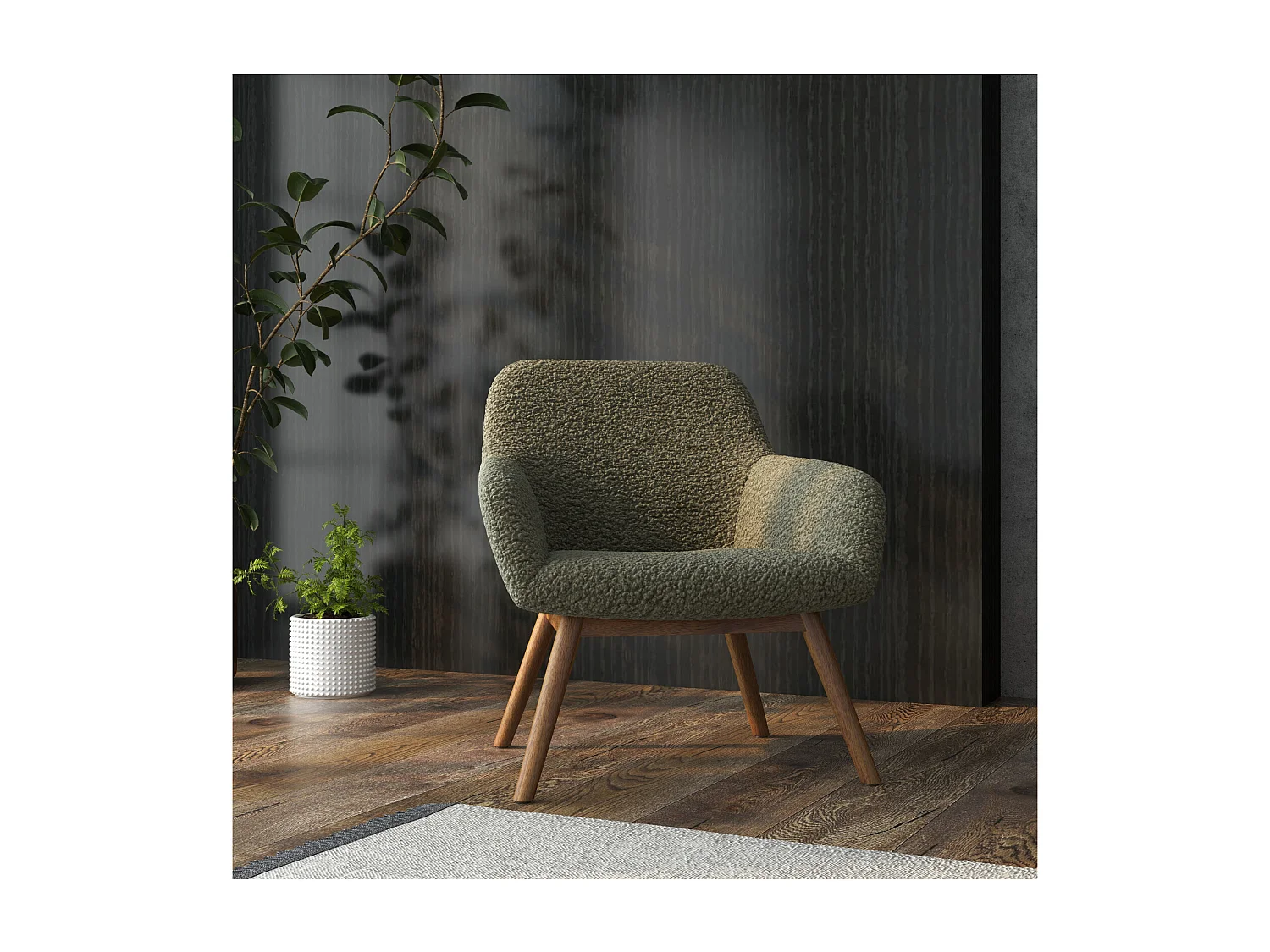 MALMO-Poltrona in legno patinato noce e tessuto bouclé Army