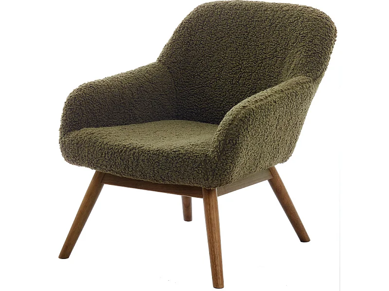 MALMO-Fauteuil en bois patiné noyer et tissu bouclé Army
