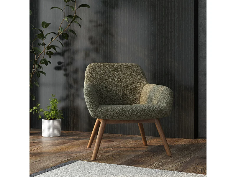 MALMO-Fauteuil en bois patiné noyer et tissu bouclé Army