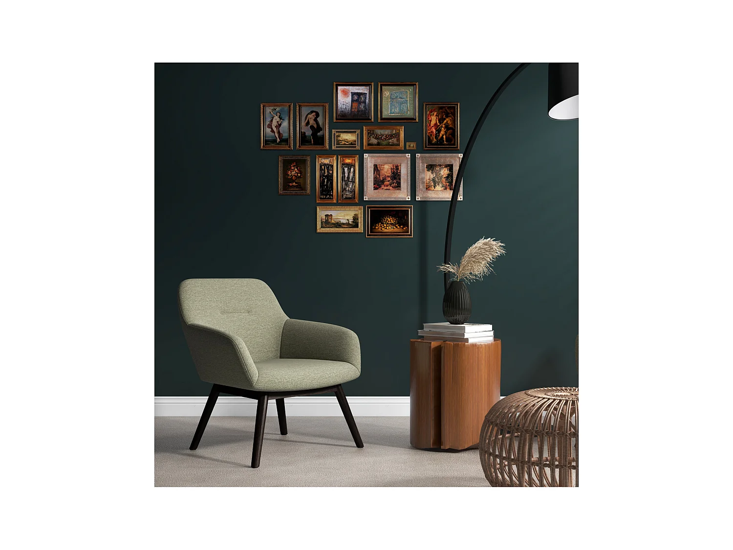MALMO-Fauteuil en bois noir et tissu Trendy Sauge